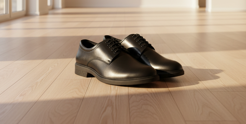Pair of black leather shoes on a textured surface with plants in the background