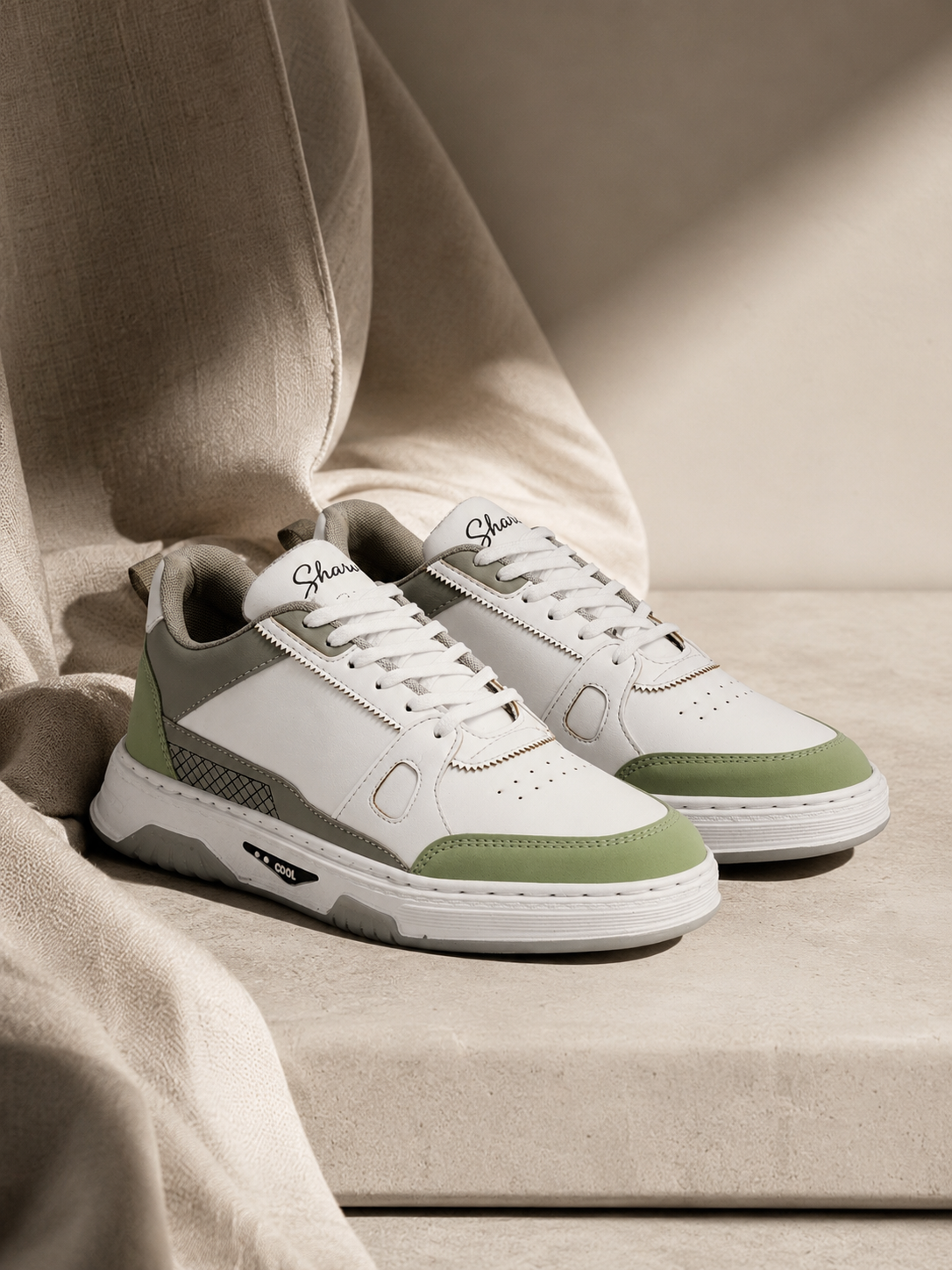 Sharve Cool Series Low-Top Sneakers | White & Sage Green Casual Shoes for Men | Chunky Sole Street Style