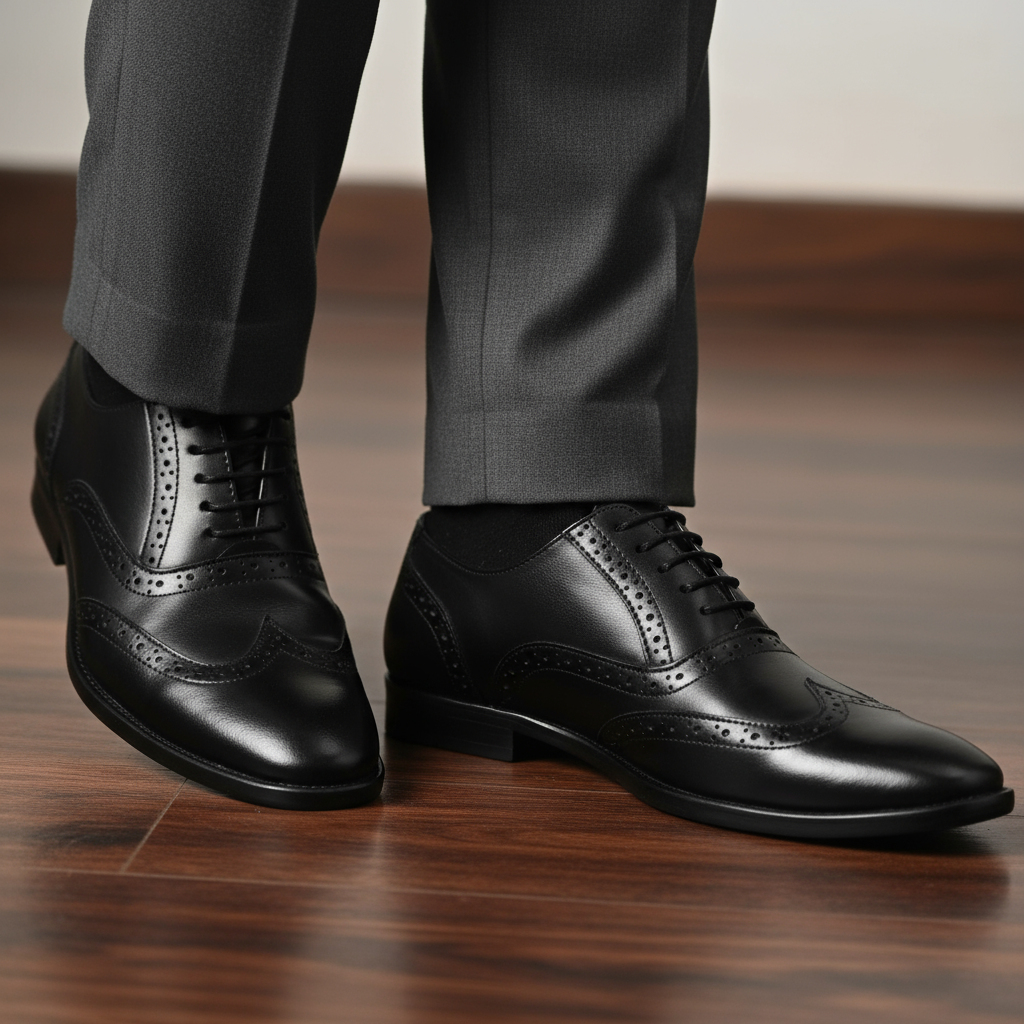 Sharvé Black Leather Wingtip Brogue Shoes