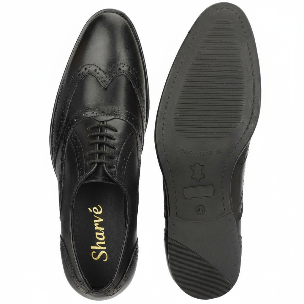 Sharvé Black Leather Wingtip Brogue Shoes