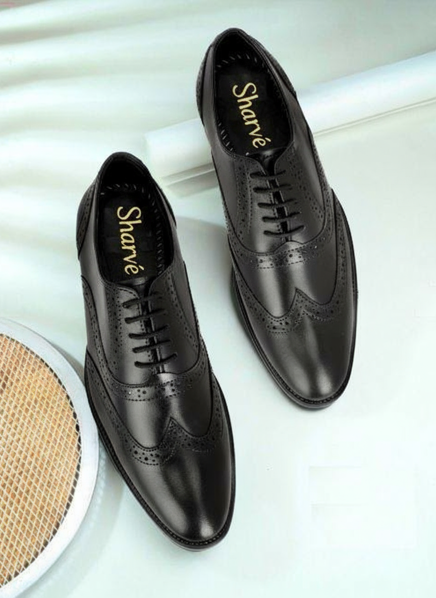Sharvé Black Leather Wingtip Brogue Shoes